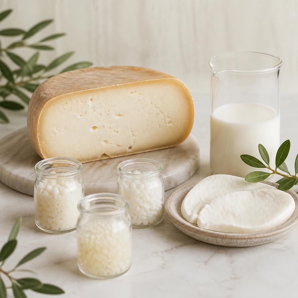 Сыр, молочные продукты и лабораторные ёмкости с культурами на светлом фоне
